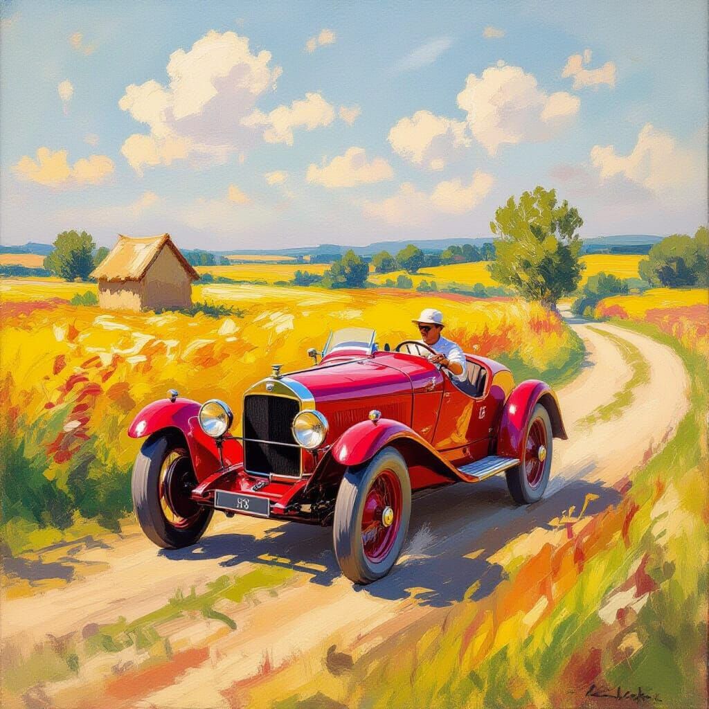 Vintage Race Car in Sun-Drenched Countryside - Impressionist...