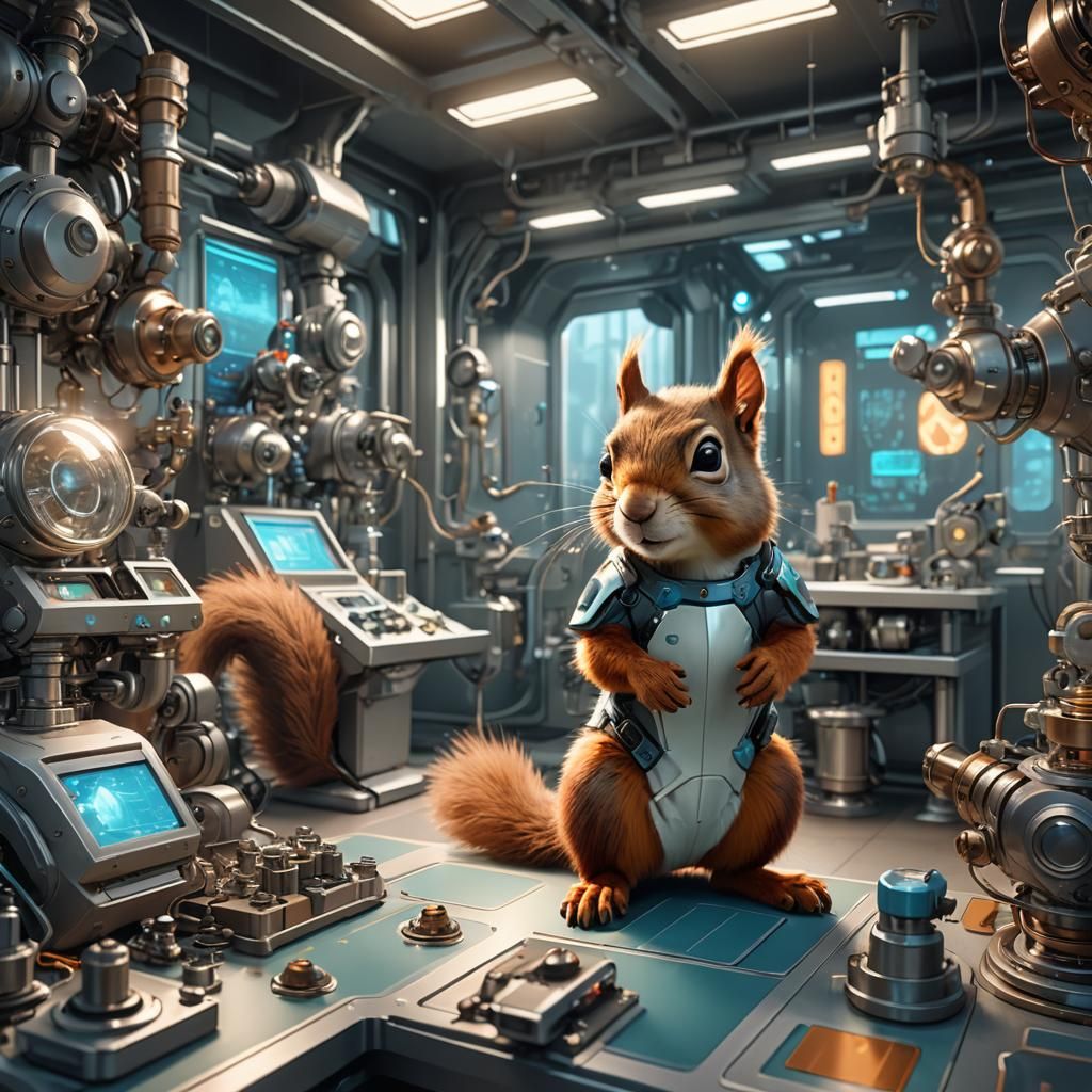 Bionic Squirrel in Futuristic Lab: Detailed Concept Art