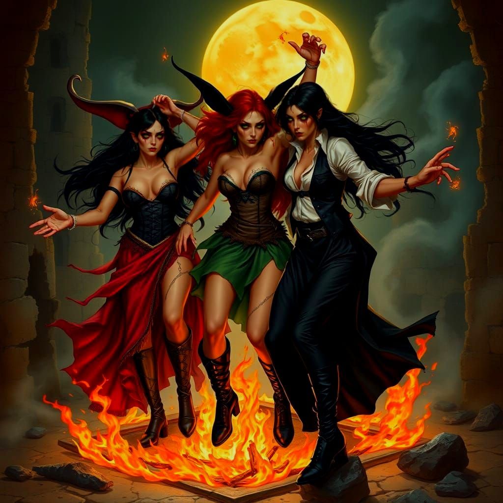 Witches' Dance Around a Fire Under Moonlight