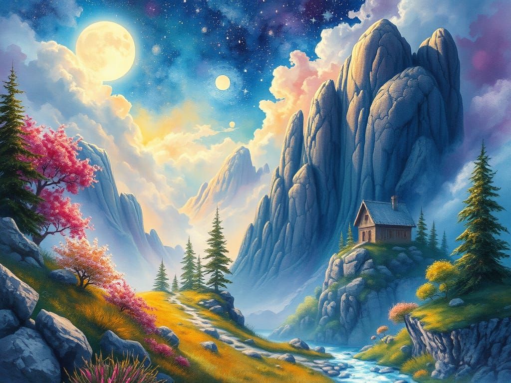 Ethereal Fantasy Landscape in Watercolor Style