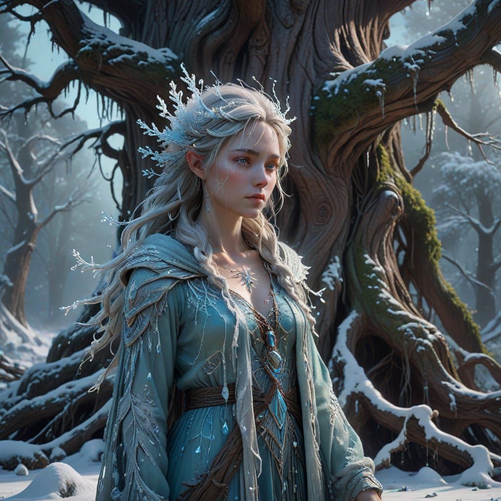 Snow Fairy Amidst Glowing Magic Tree
