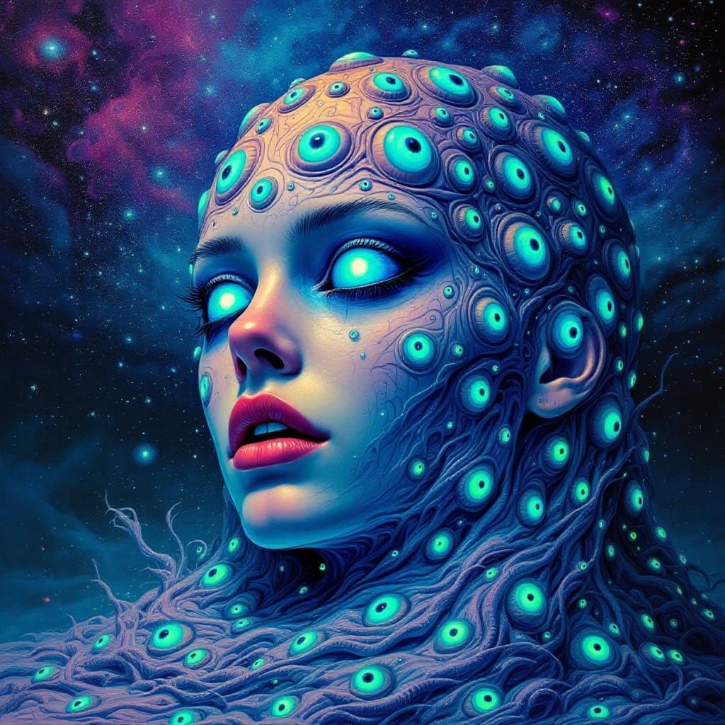 Surreal Melting Head with Bioluminescent Eyes