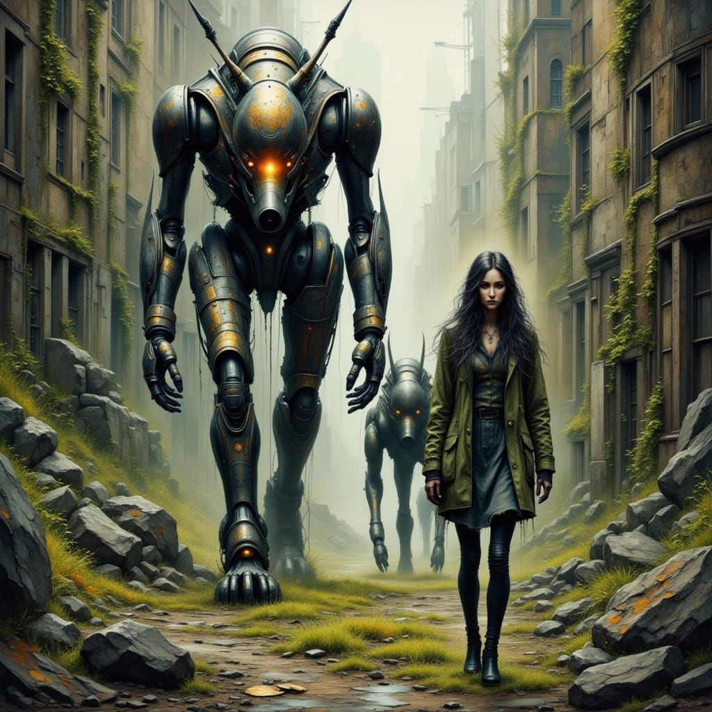 Cyborg Walks Robot Dogs in Dystopian Cityscape