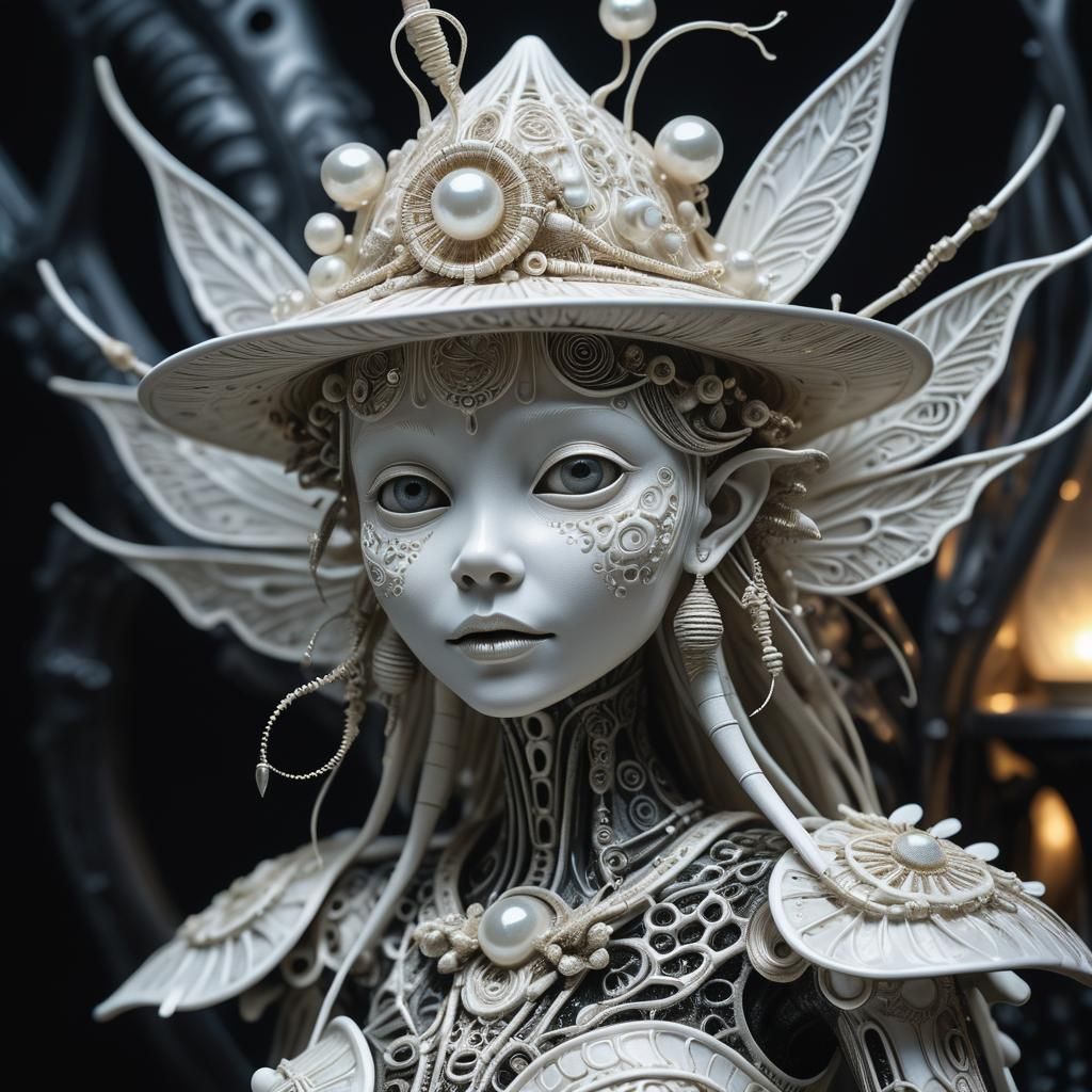 Biomechanical Ceramic Fairy on Organic Throne