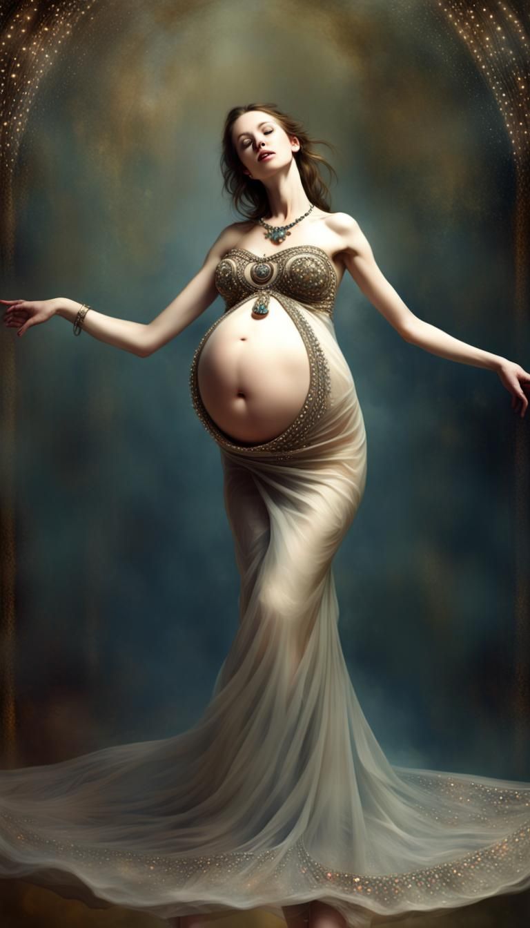 Joyful Pregnant Woman Dancing in Bejeweled Dress
