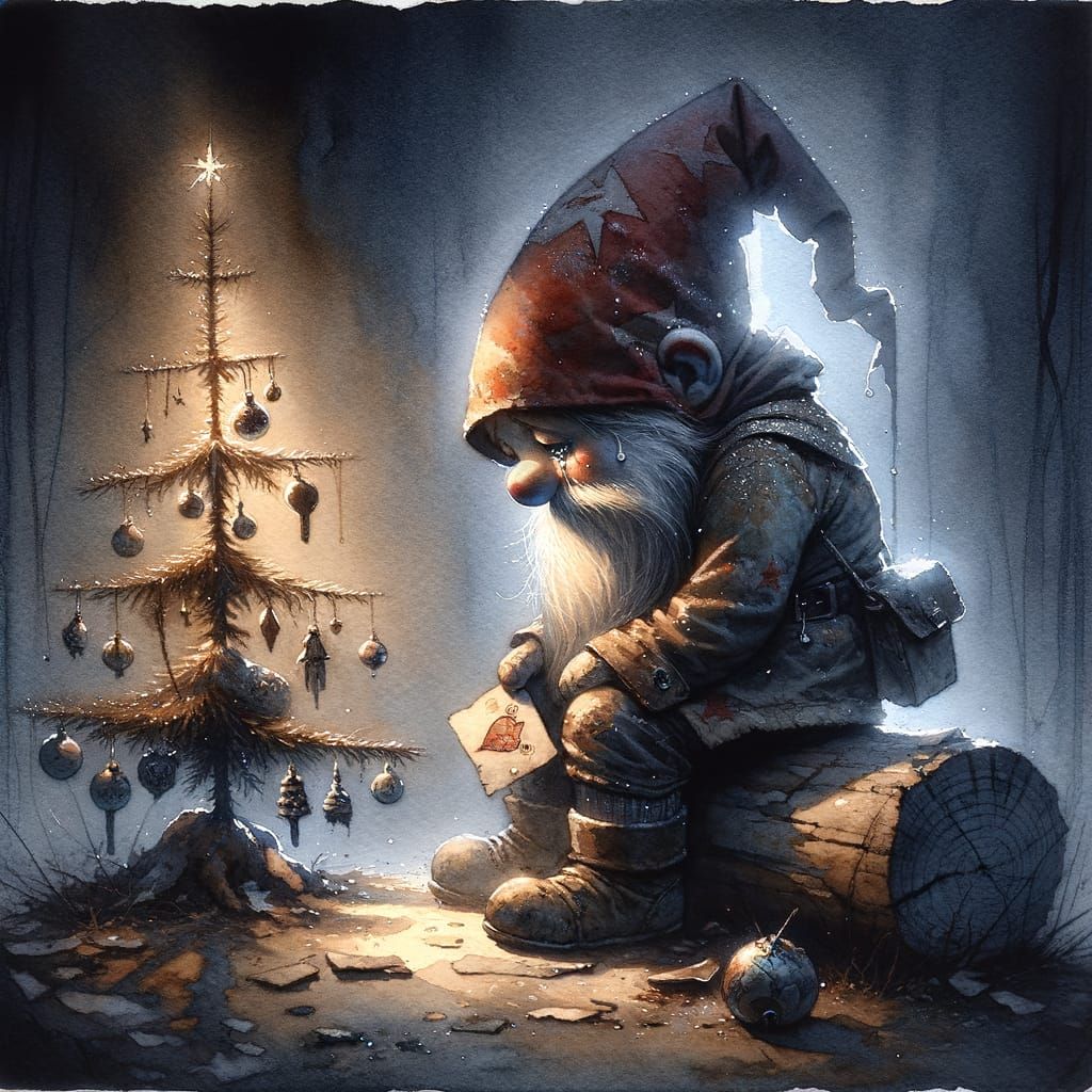 Sorrowful Watercolor Holiday Scene of a Lonely Gnome