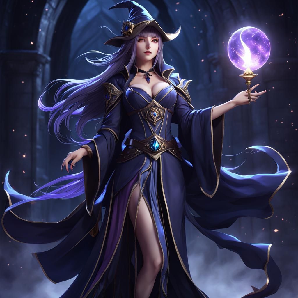 Anime Sorceress Wielding Dark Magic by Moonlight