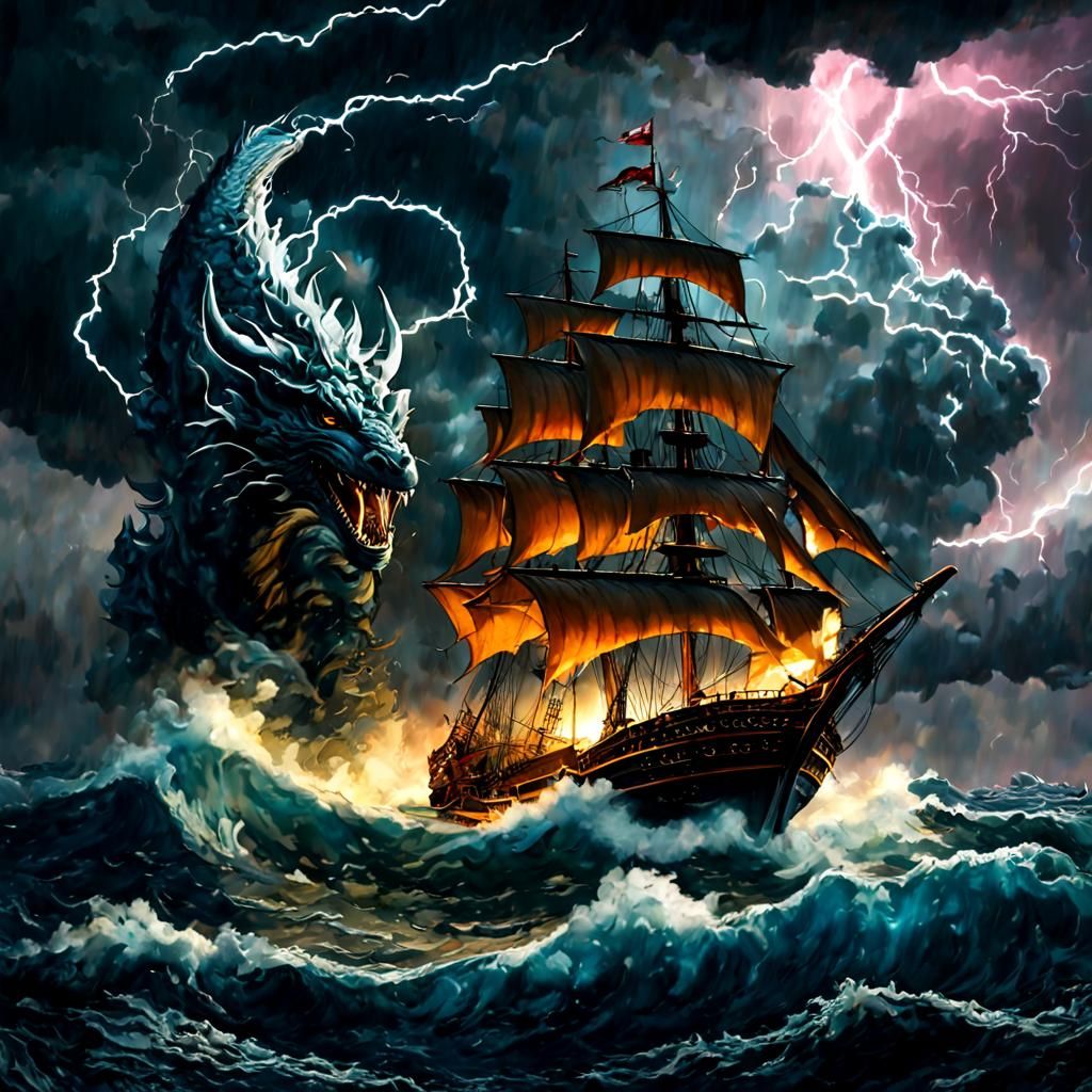 Fierce Dragon Emerges from Storm Over Ocean