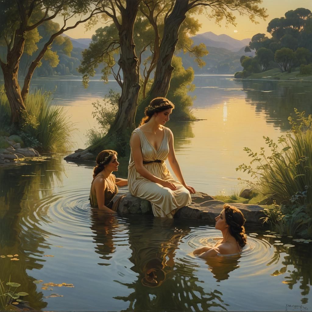 Sappho and Ariadne Bathing: Classical Realism Oil Painting