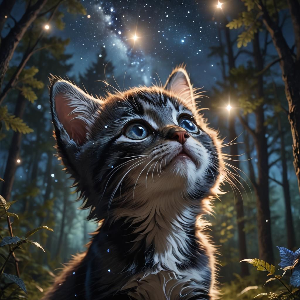 Kitten Gazing at Stars in Forest Nighttime Scene