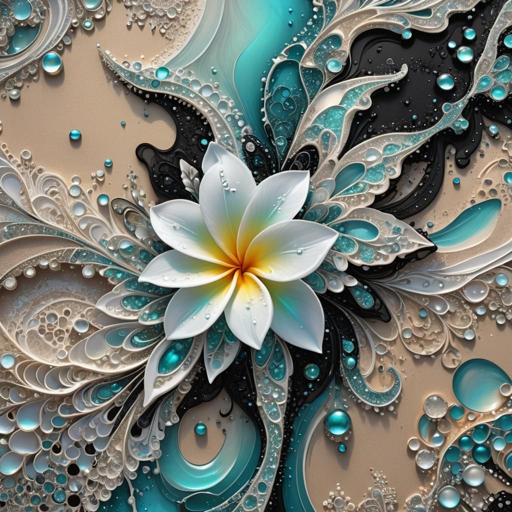 Opalescent Fractal Lace Sunset with Plumeria in Splash Art
