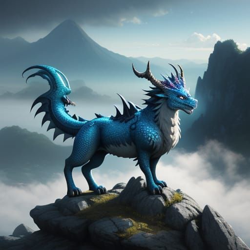 Anime Dog Dragon in Misty Mountains, 3D Art