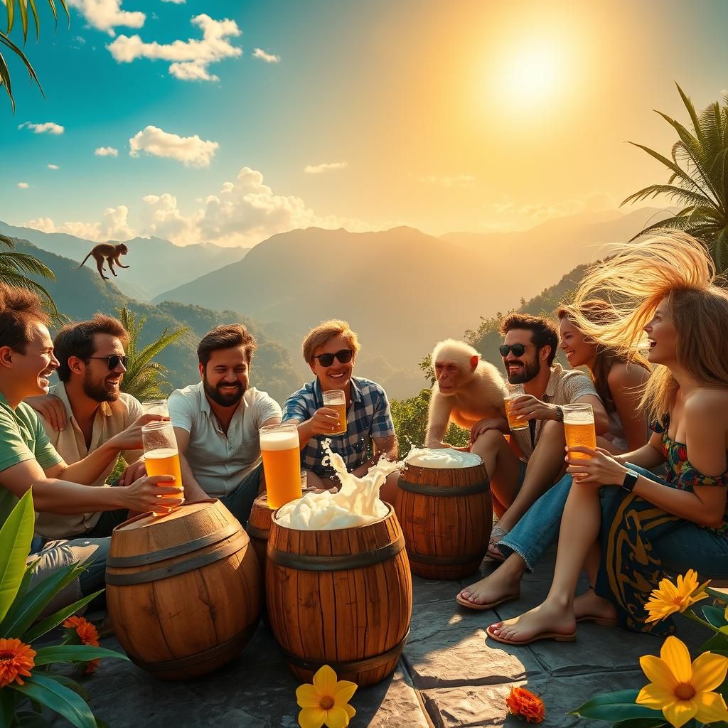 Idyllic Mountain Gathering with Mischievous Monkeys