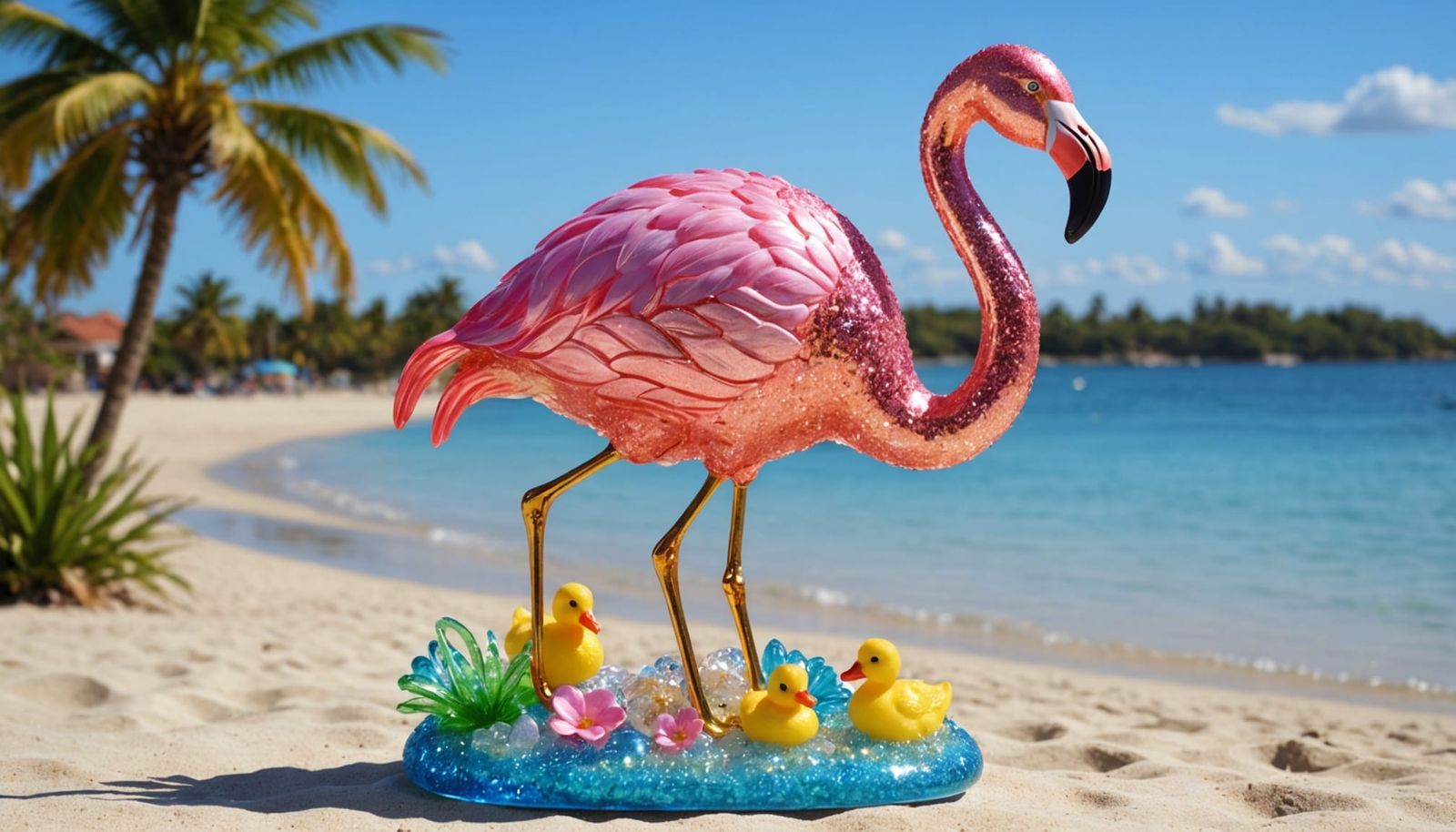Cute Pink Flamingo and Duck Beach Scene in Iridescent Glass