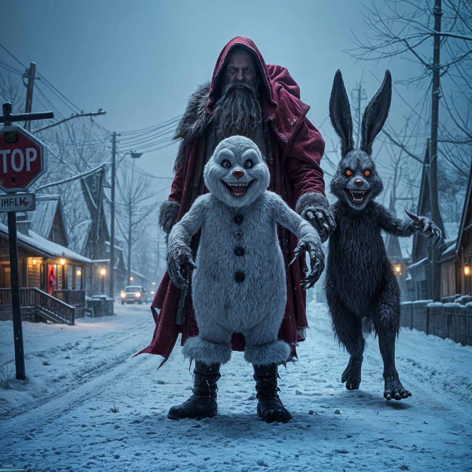 Dark Holiday Icons in Sinister, Snow-Covered Landscapes