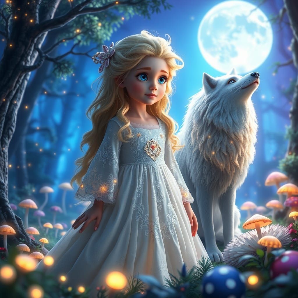 Girl and Ethereal Wolf in Magical Forest