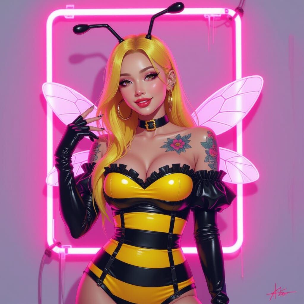 Vibrant Bee Lady in Anime-Inspired Oil Painting