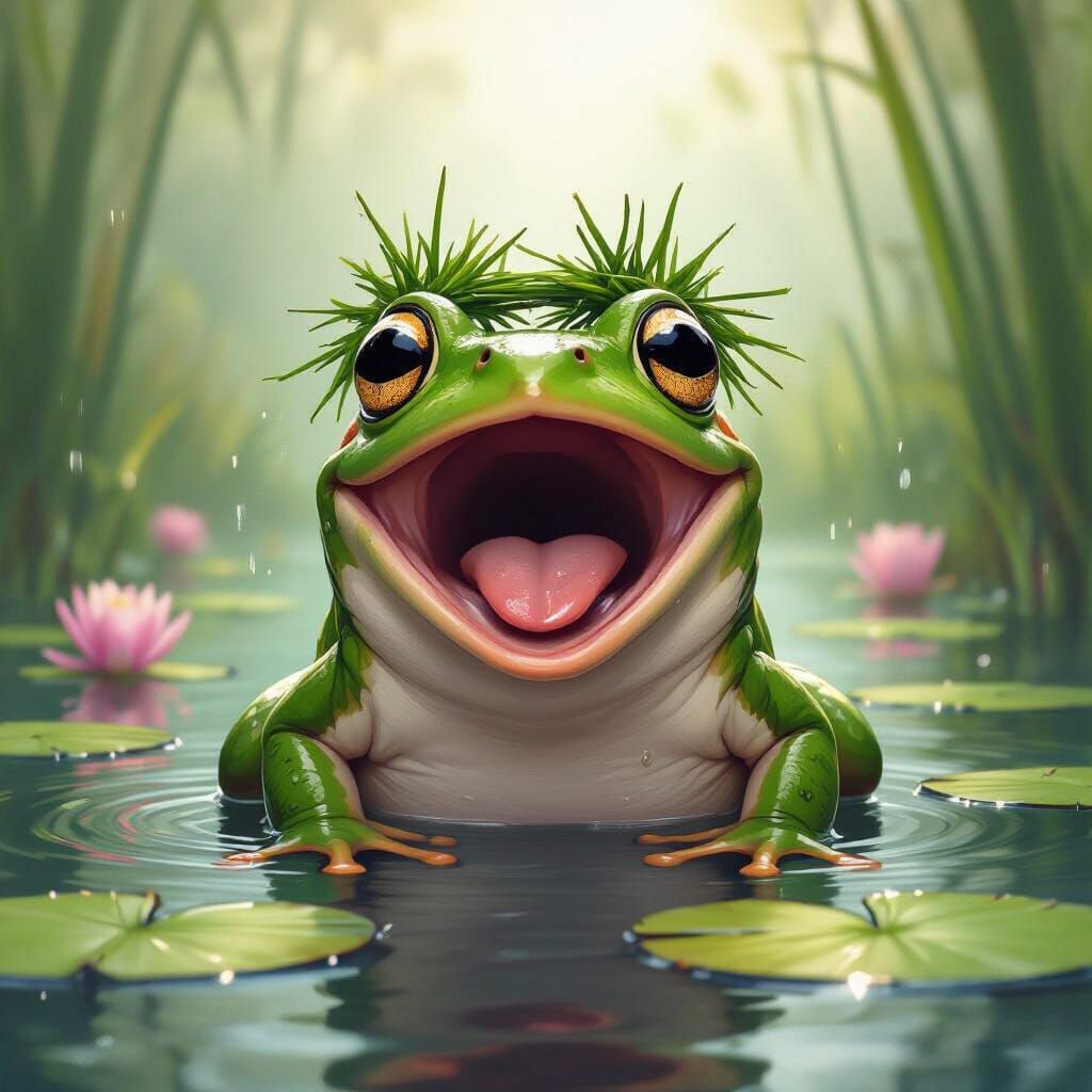 Surprised Frog with Pondweed Crown in Lush Swamp