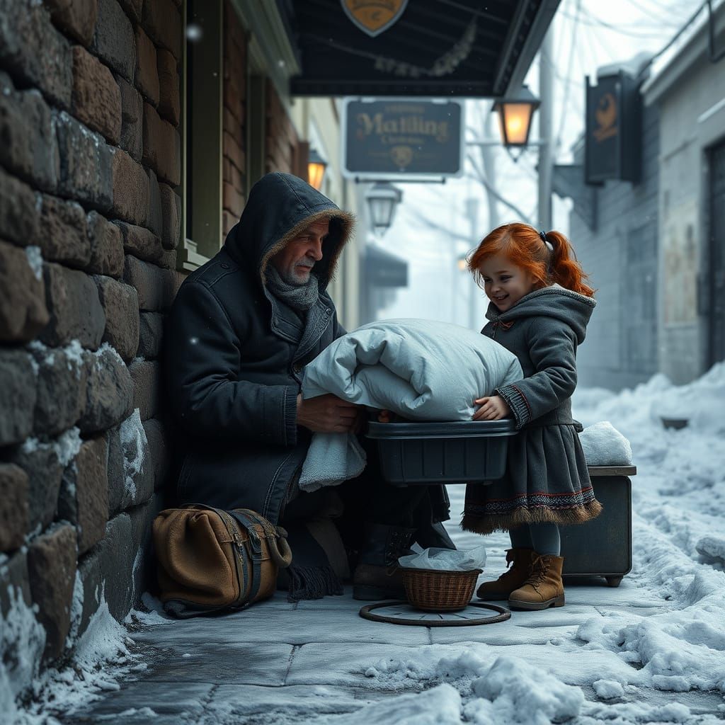 Kindness in Winter: Girl Offers Comfort to Cold Man