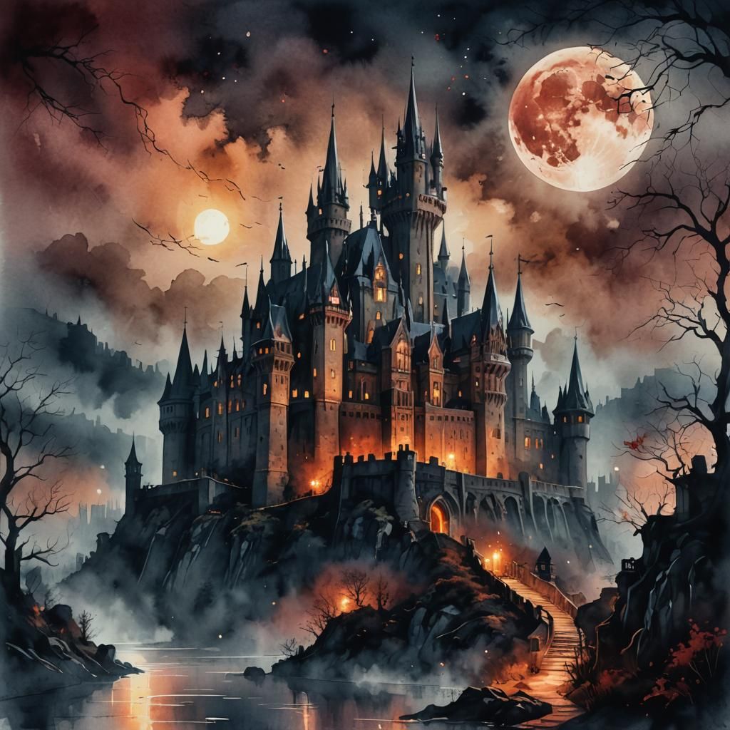 Gothic Castle Under Blood Moon: Watercolor Illustration