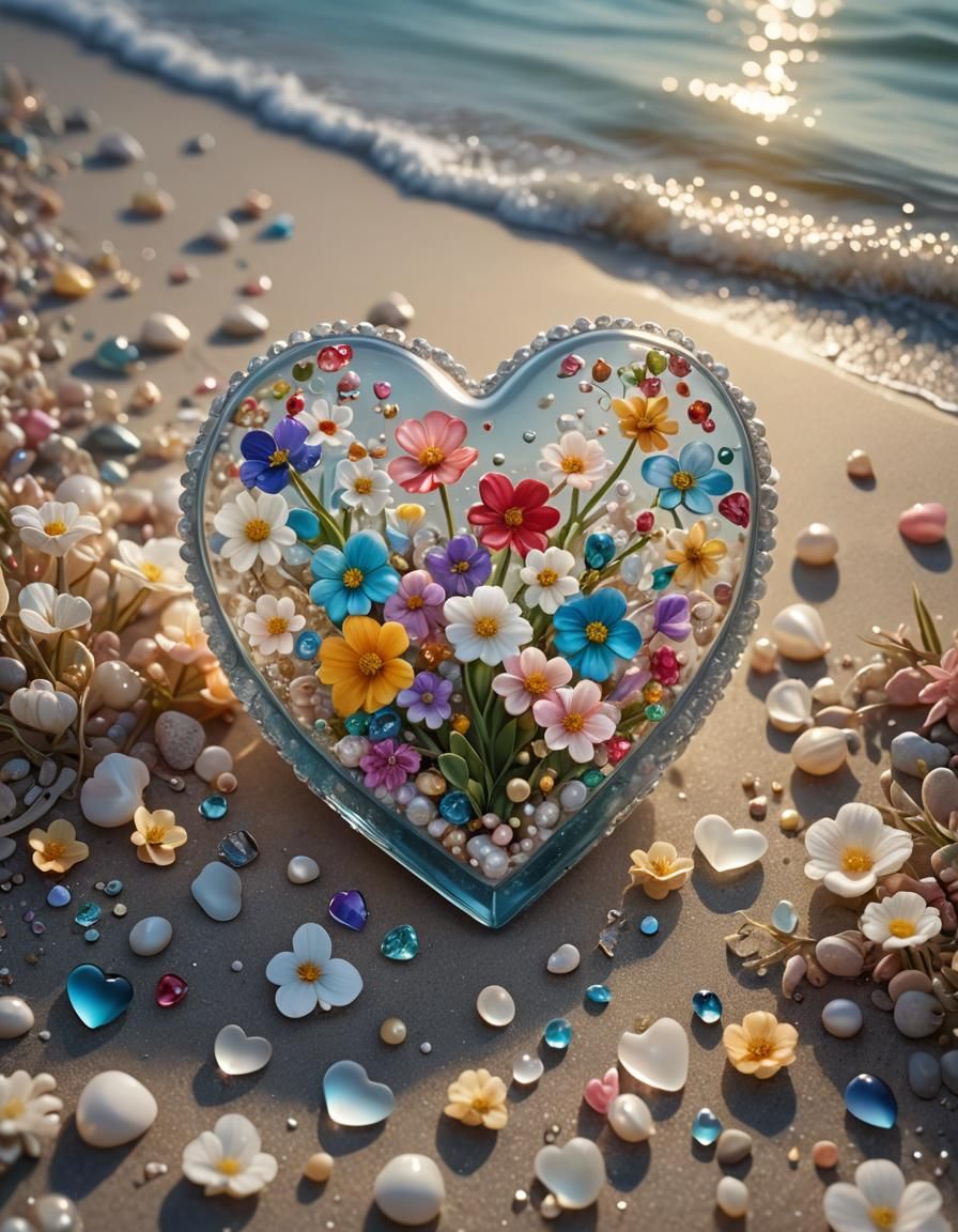 Glass Heart Overflowing with Emilia Flowers in Soft Moonligh...