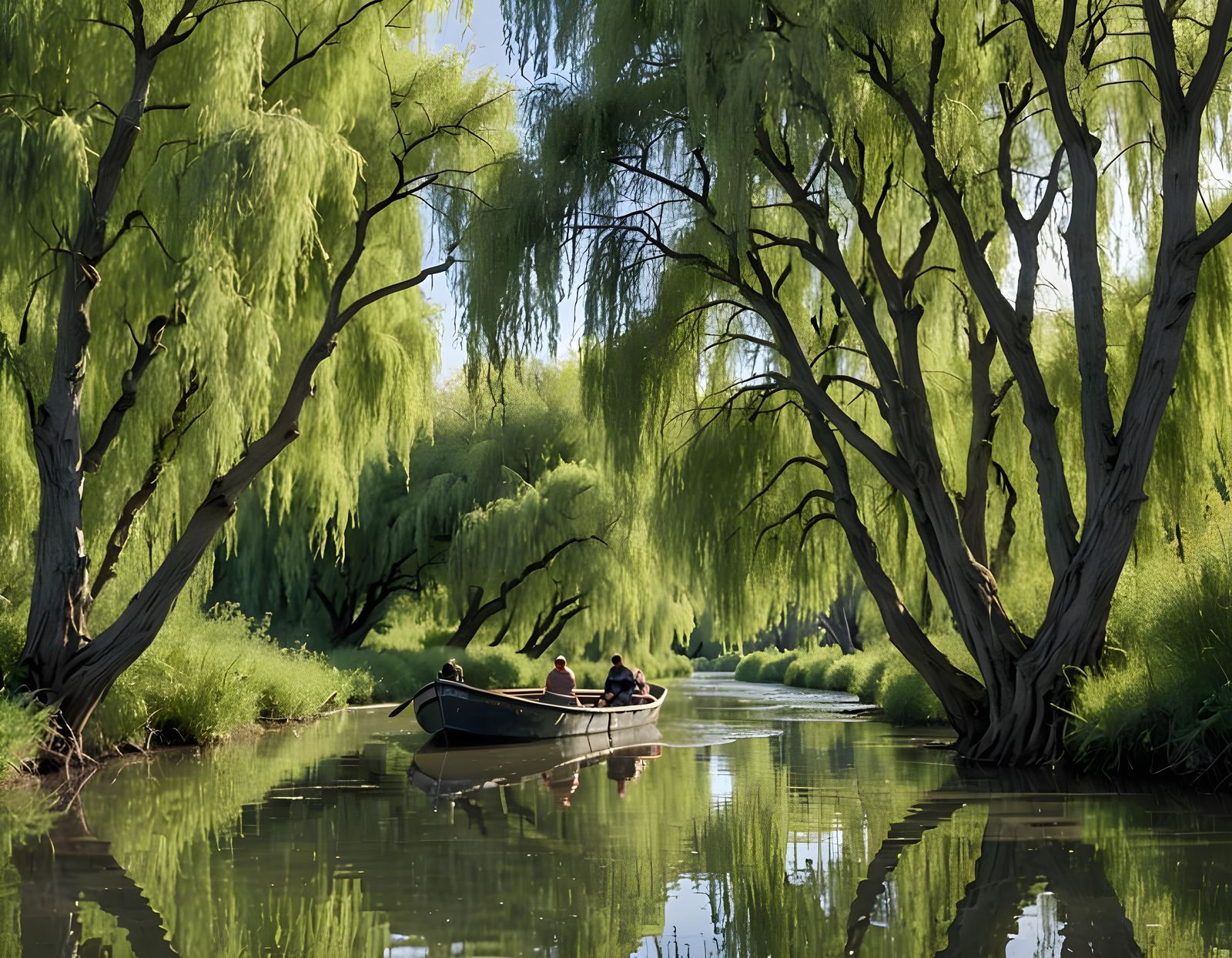 Peaceful River Boat Ride Under Willow Trees