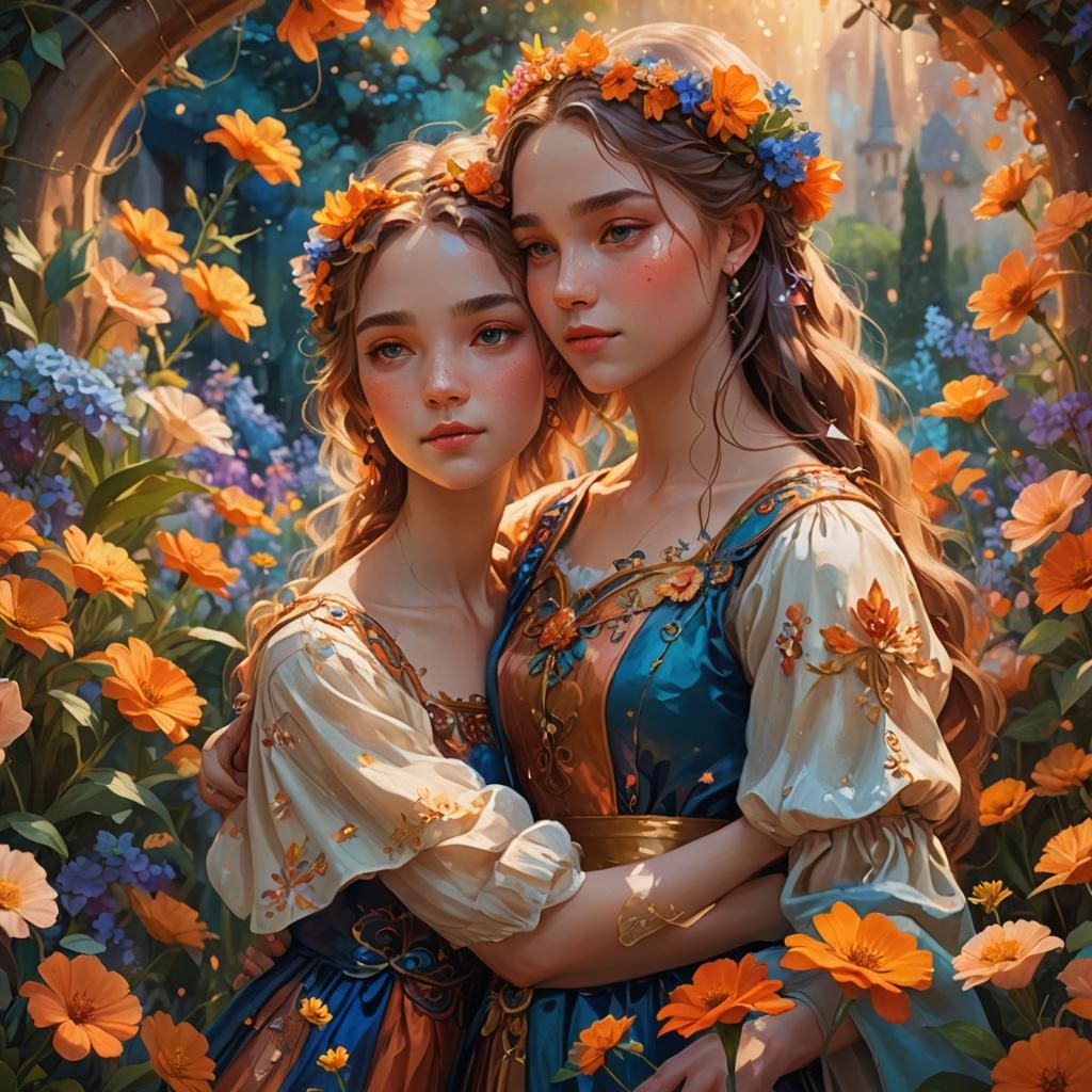 Fantasy Sisters Embracing in a Lush Garden