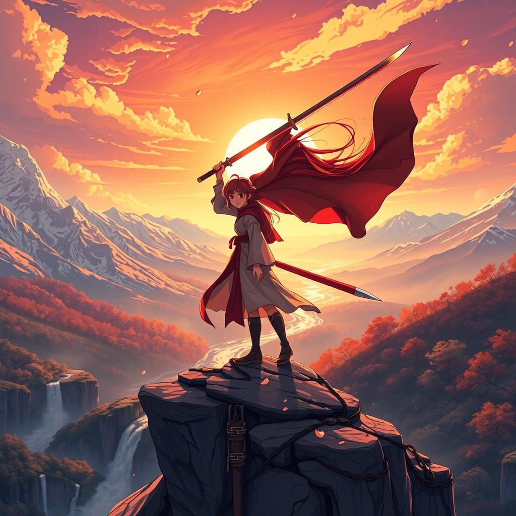 Epic Anime Warrior in Breathtaking Fantasy Landscape
