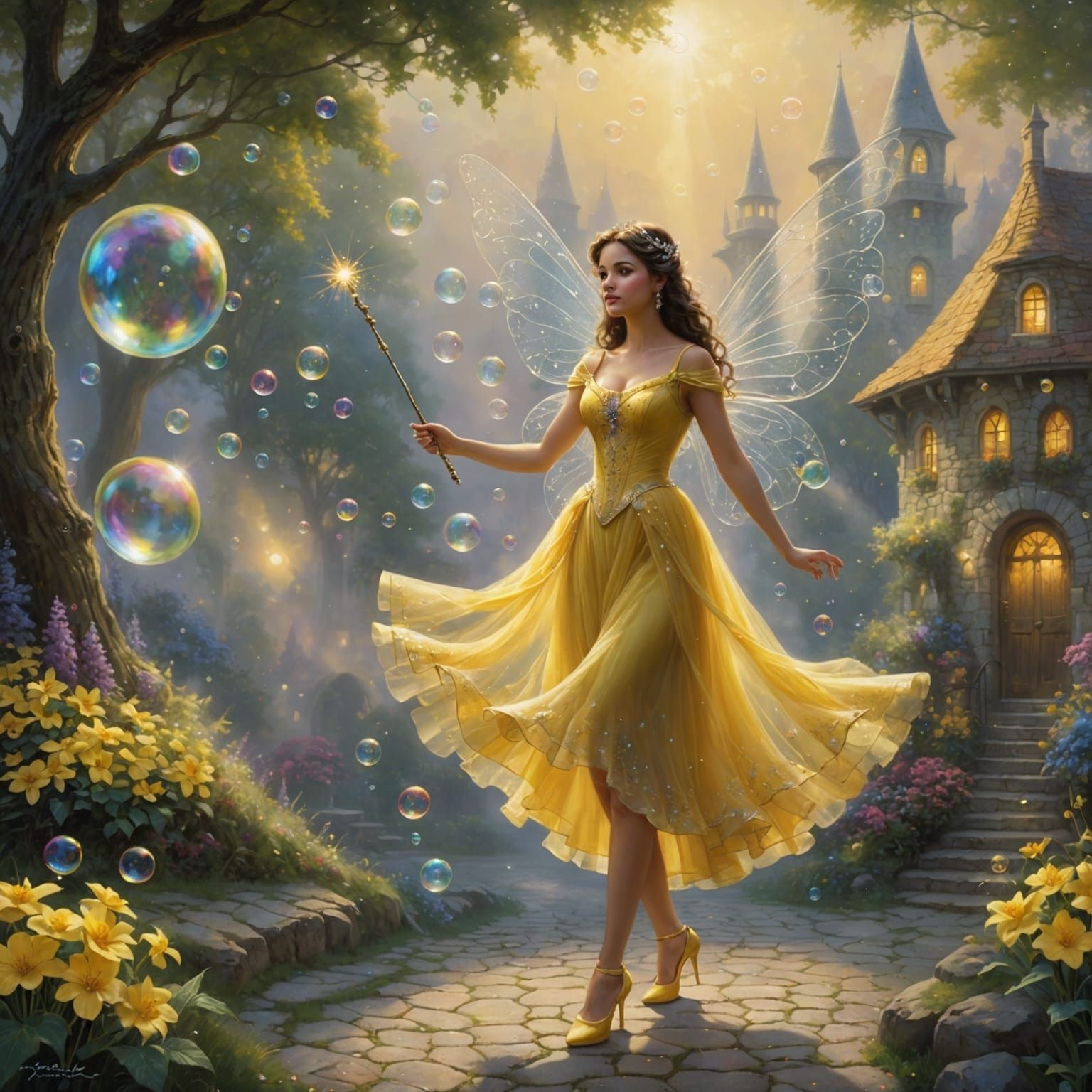 Hispanic Fairy Creating Bubbles in Ethereal Style