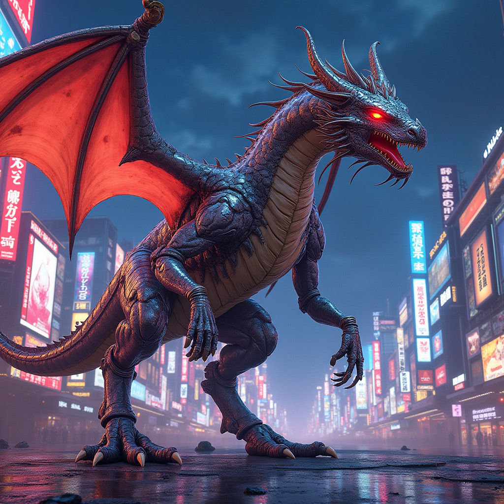 Robotic Dragon Soars Over Neon Anime Cityscape