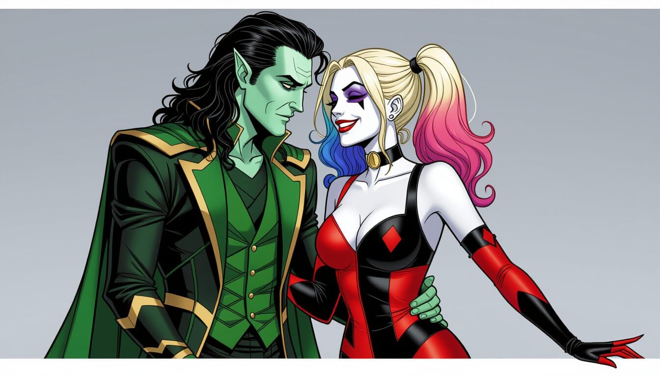 Loki and Harley Quinn in Love: Manga Style Cinematic Scene