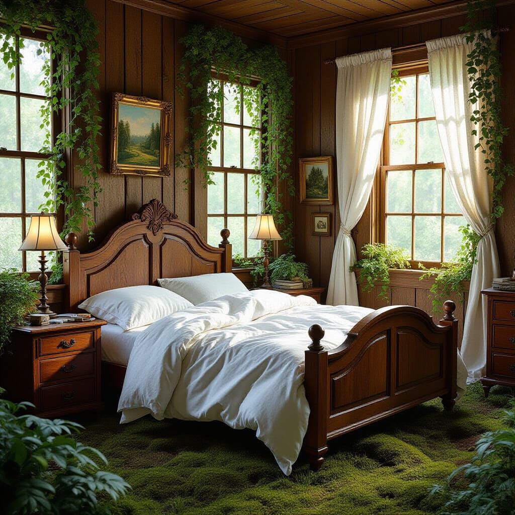 Vintage Bedroom Nestled in Lush Forest