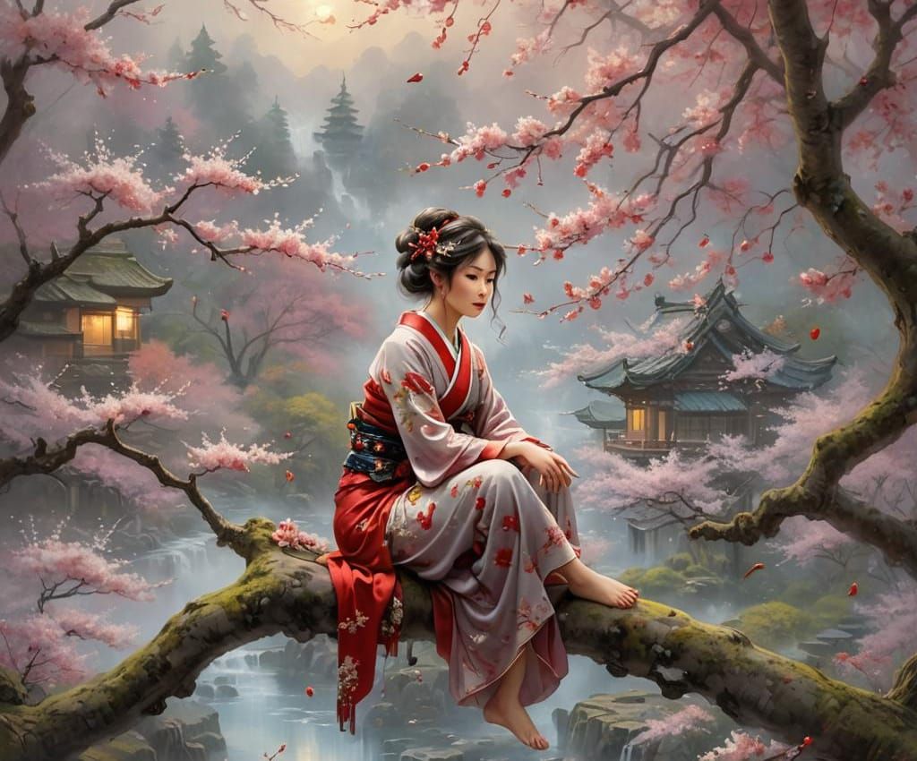 Japanese Nymph in Cherry Blossom Tree: Ethereal Art