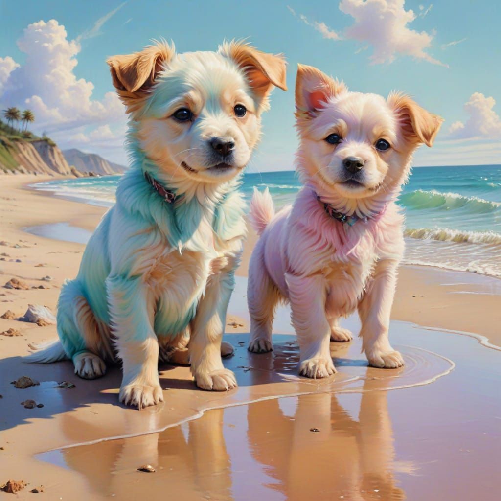 Pastel Puppies Frolic on Beach in Dadaism Style