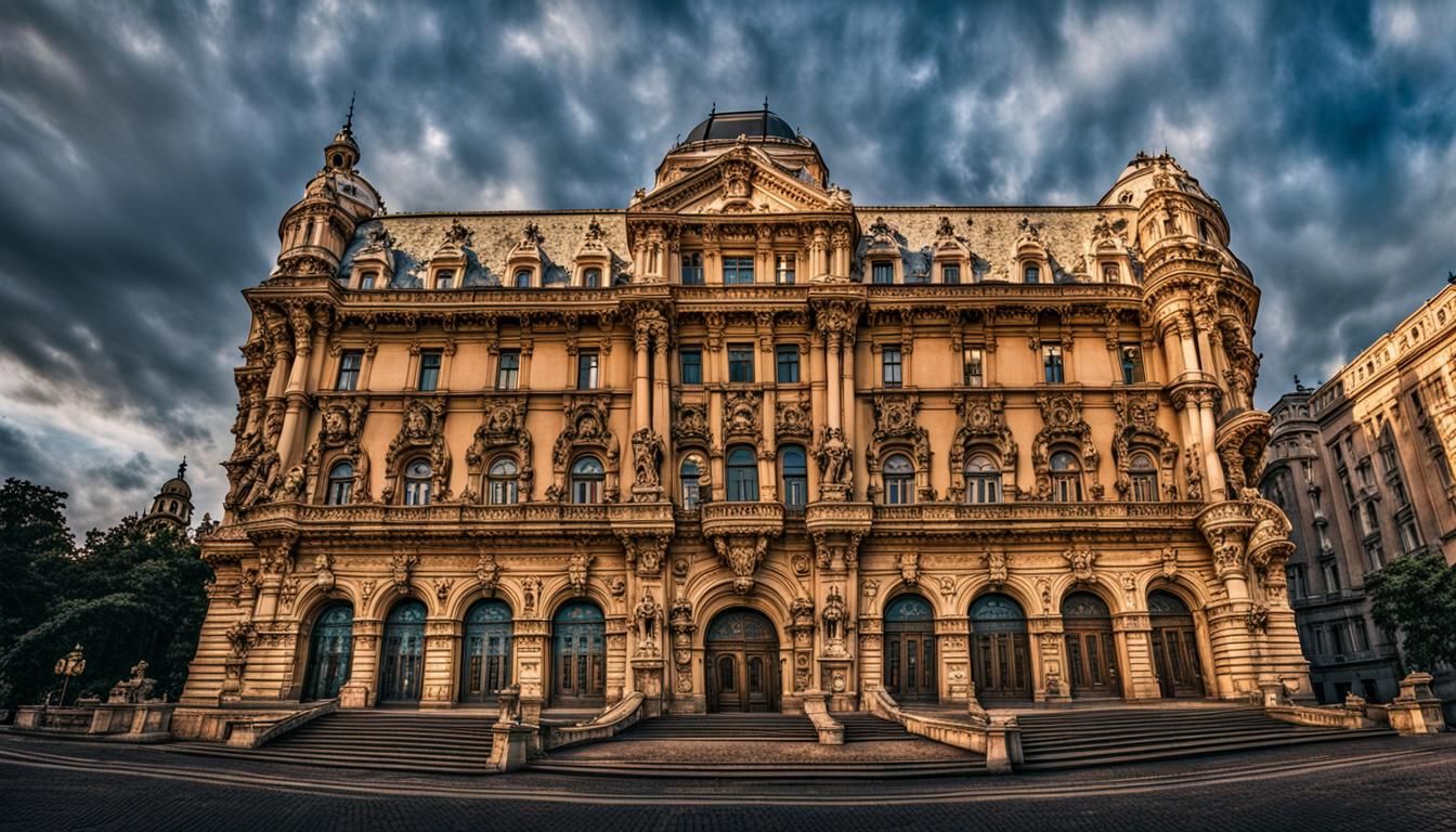 Baroque Budapest Architecture with Chiaroscuro Lighting