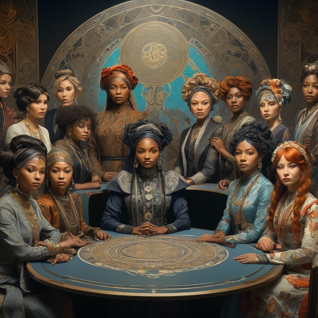 Diverse Women's Panel Discussion in Art Nouveau Style