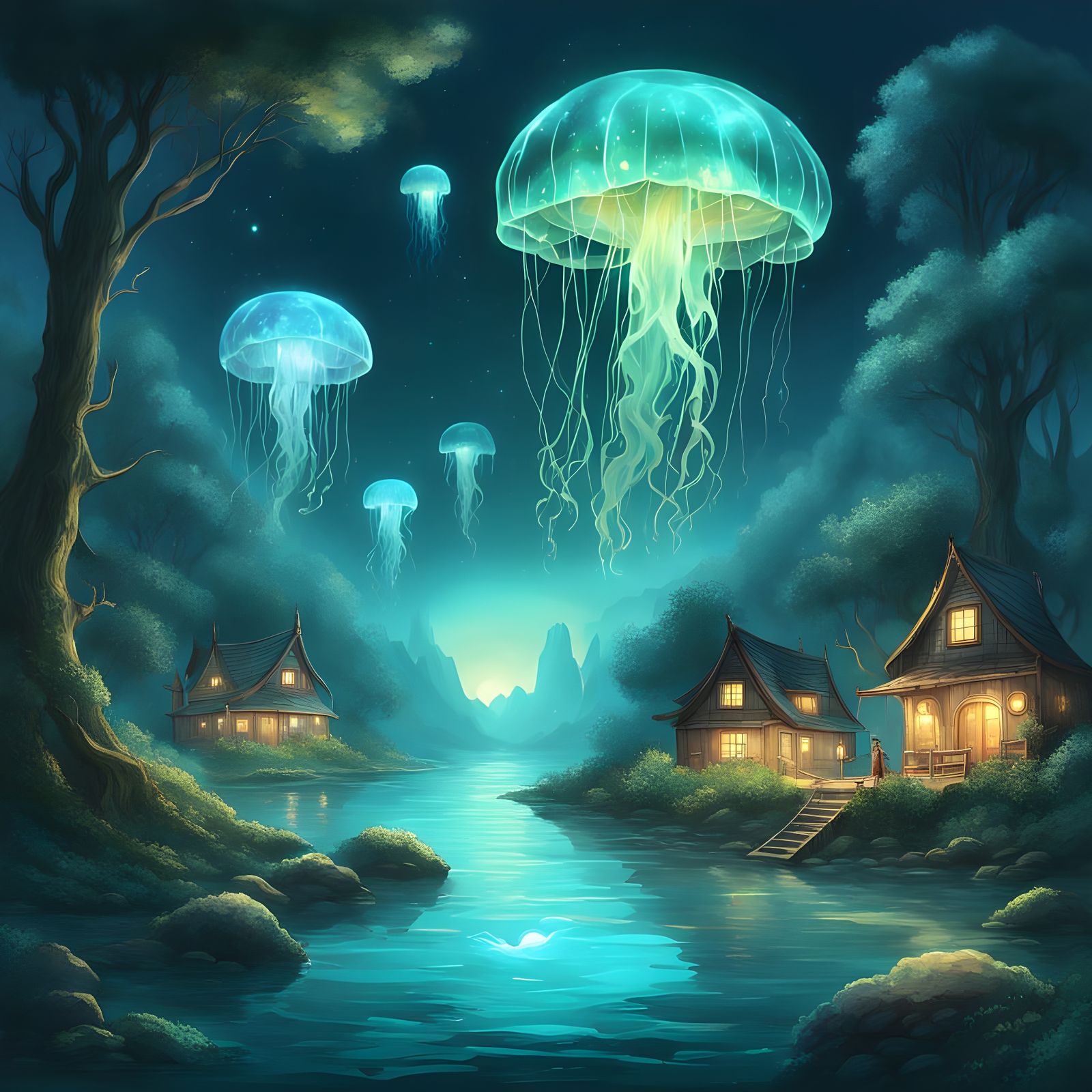 Whimsical Village Amidst Enchanted Forest