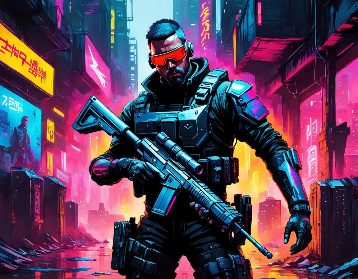 Cyberpunk Mercenary in Graffiti Splash Art Style