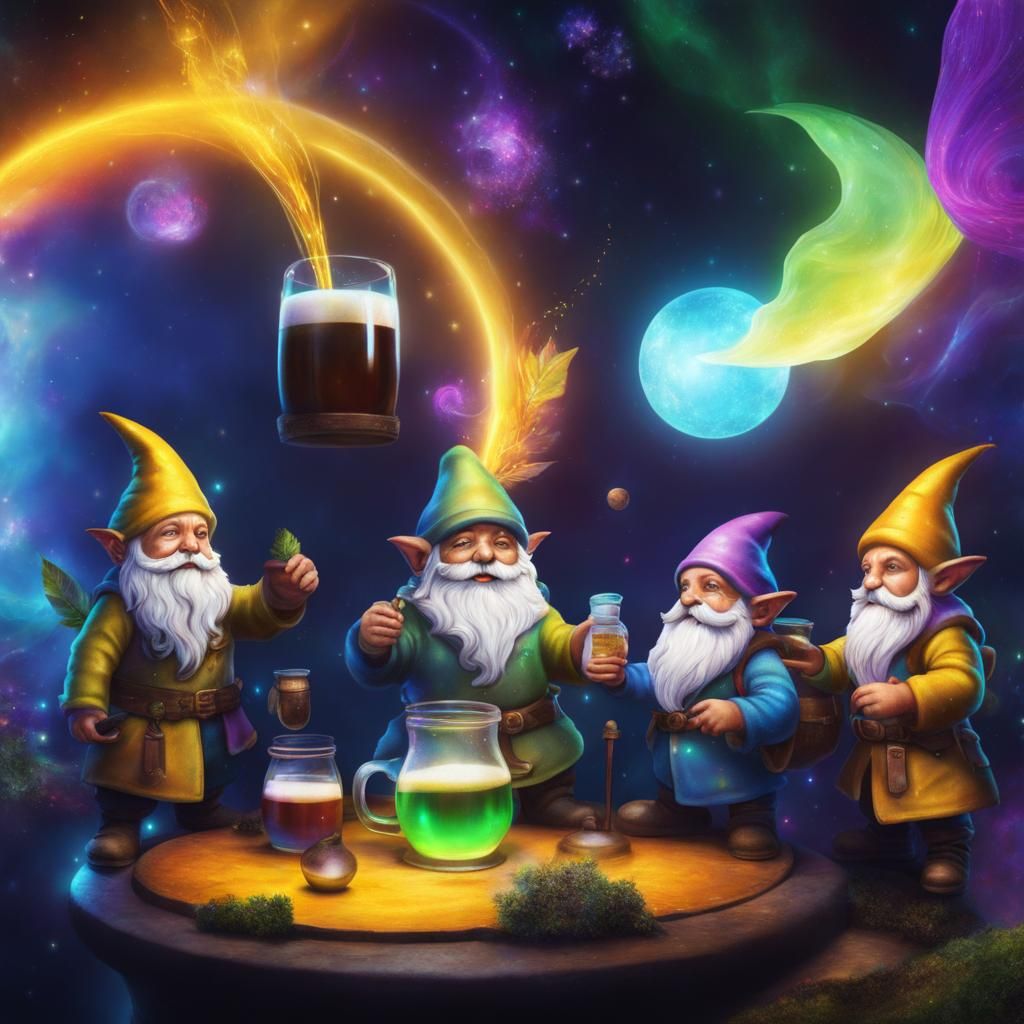 Gnomes Brewing Medicine: Astral Cosmic Illustration