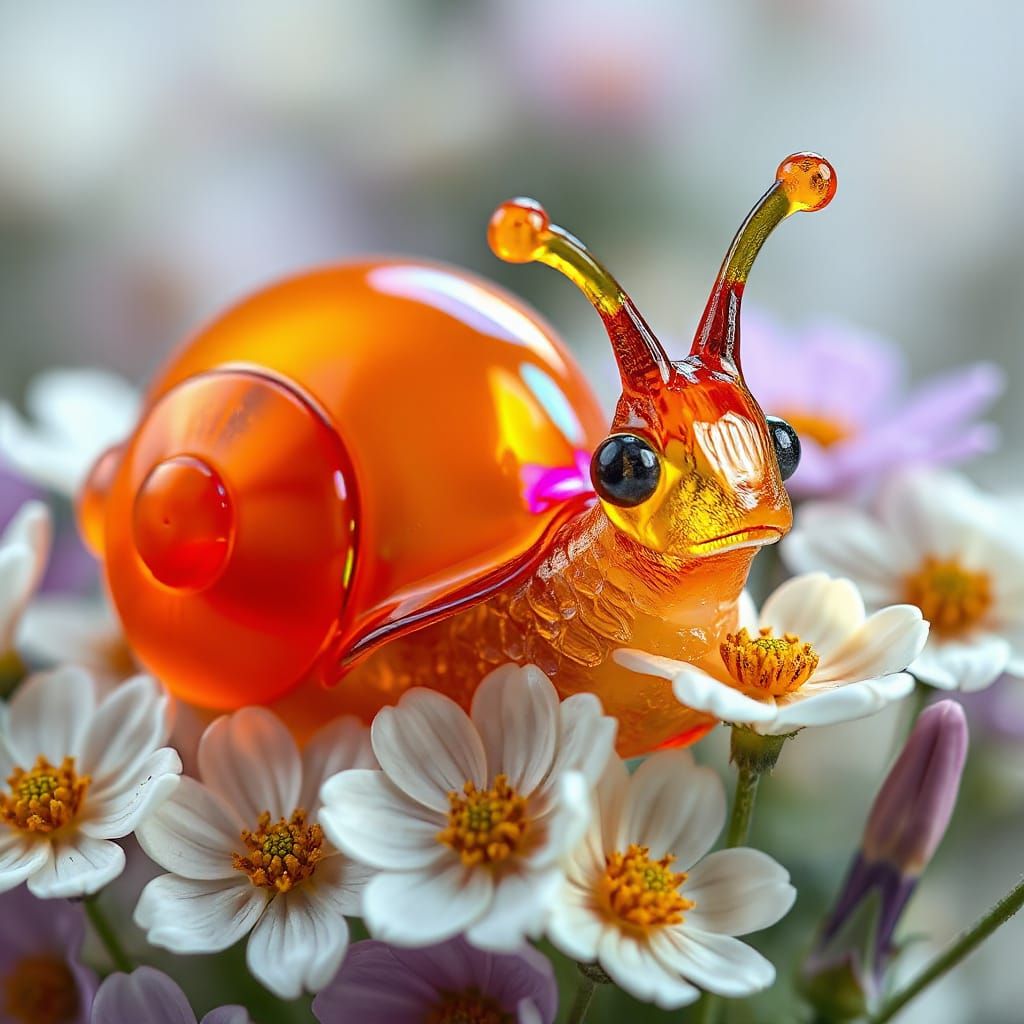 Glass Snail Among Cosmos Flowers, Quantum Magical Style