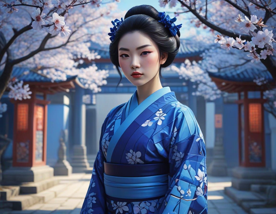 Blue Geisha in Cubist Shinto Temple Art