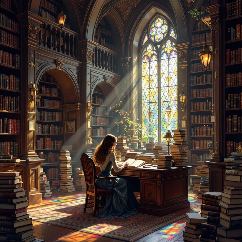 Enchanting Library Scene in Painterly Style