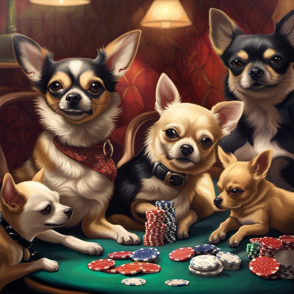 Hyperrealistic Chihuahuas Playing Poker in Splash Art Style