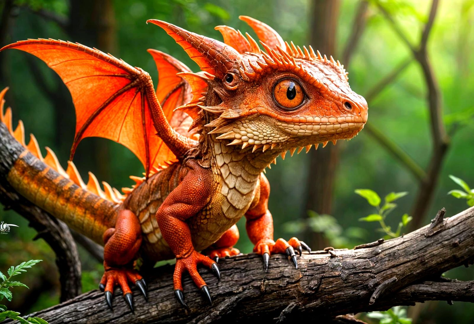 A cute, small dragon with bright red wings and large expressive eyes sits on a log.