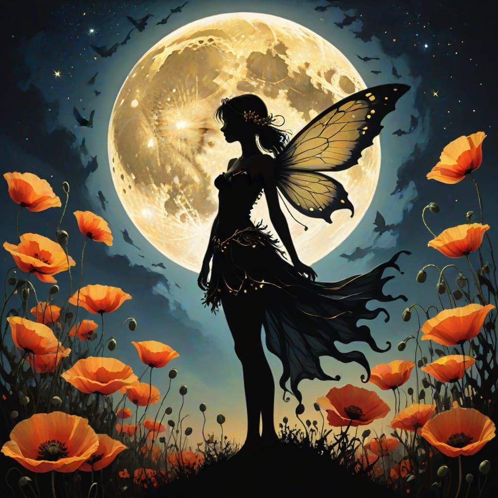 Fairy Silhouette with Starlight Wings and Neon Outline