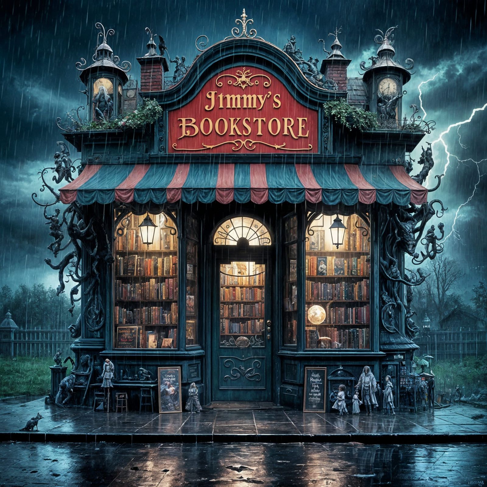 Dark Fantasy Bookstore in Colorful Comic Style