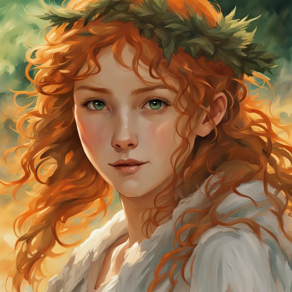 Smiling Angel with Orange Hair in Watercolor Style