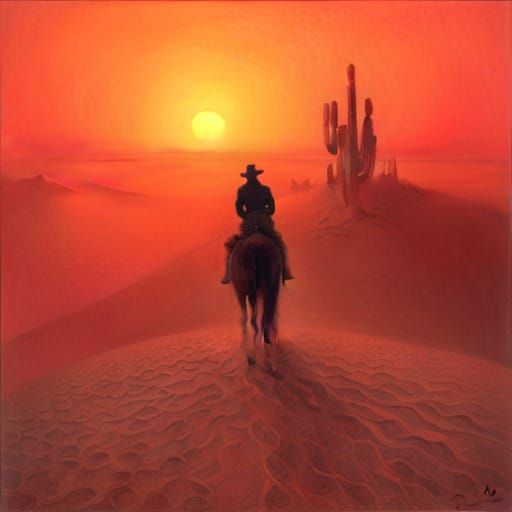 Cowboy Rides into Desert Sunset, Beksiński Style