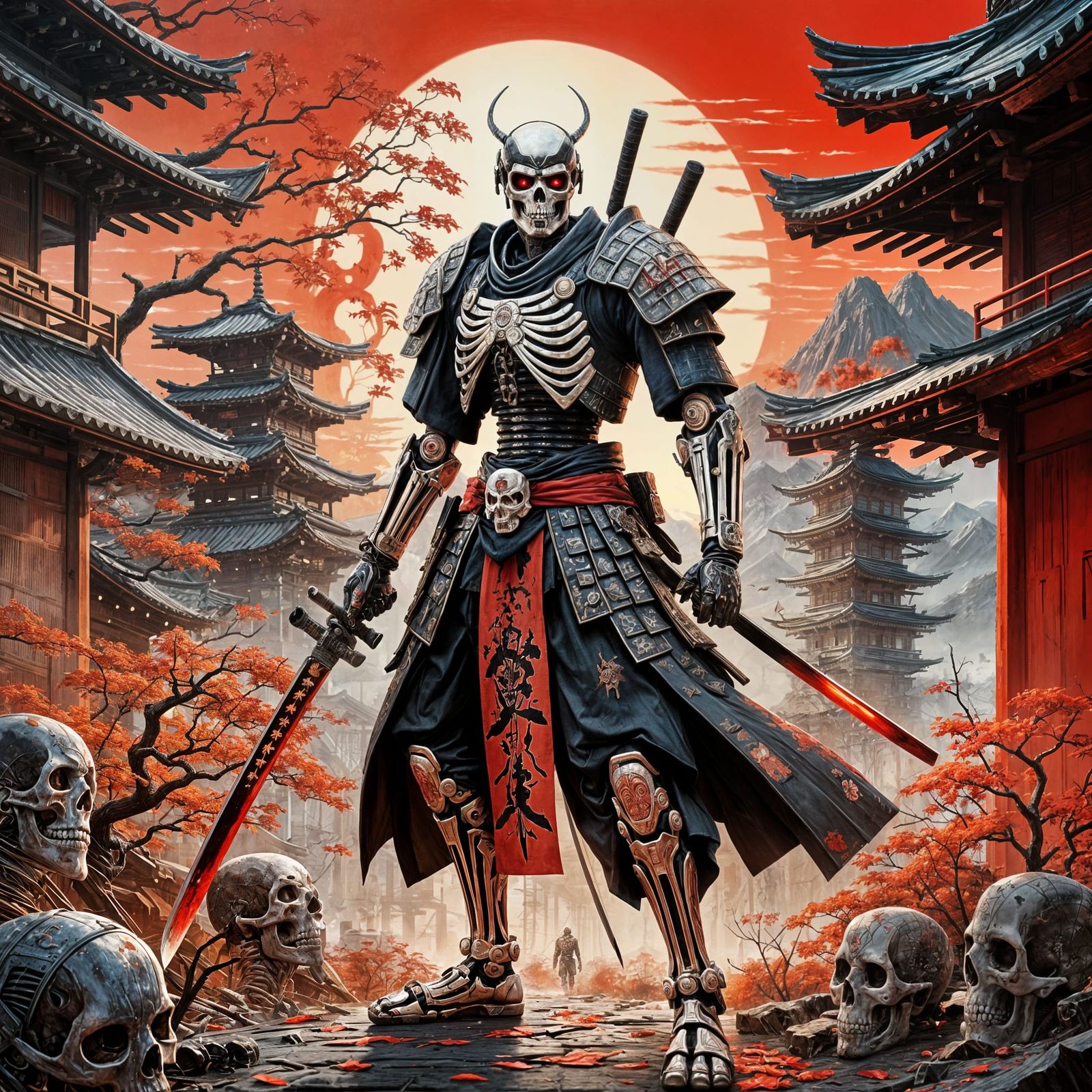 Cyberpunk Samurai Cyborg Rises Before Crimson Sun
