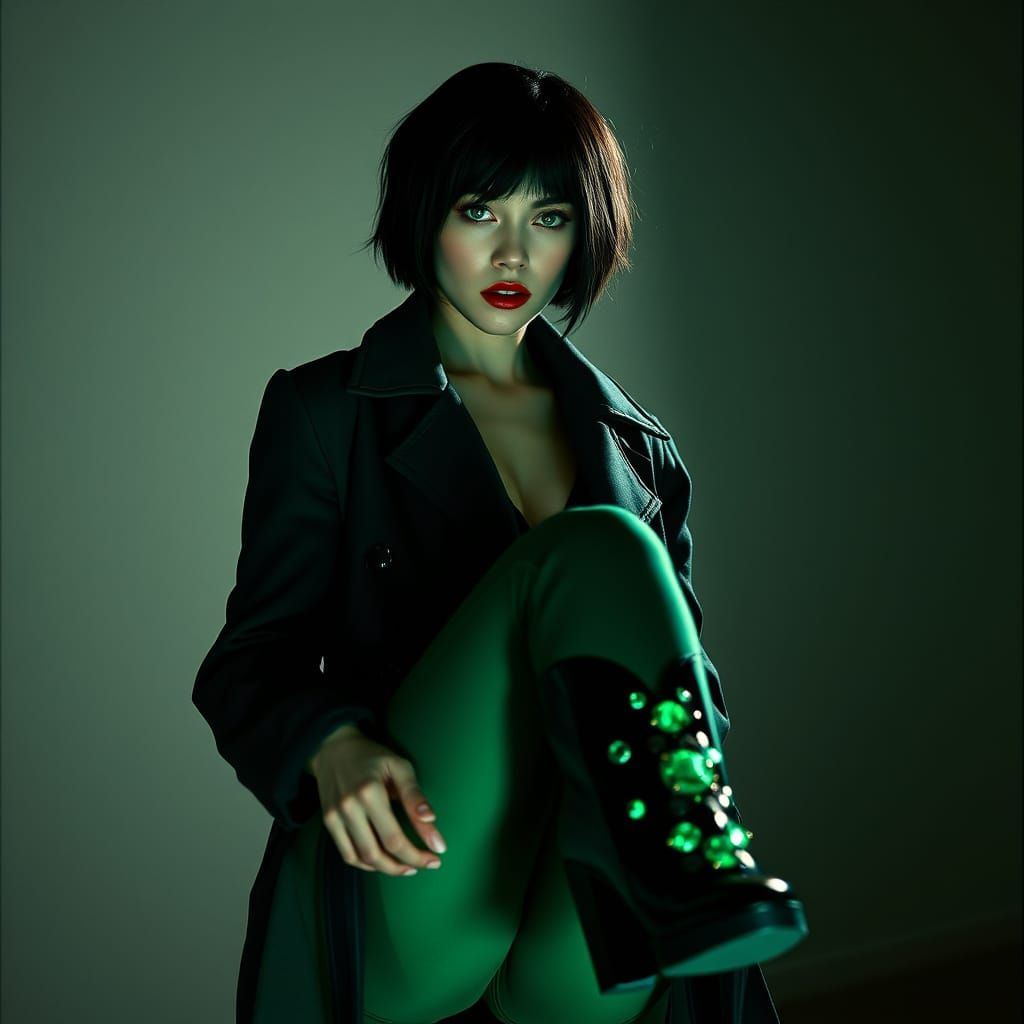 Pale Woman with Green Hair in Cinematic Style